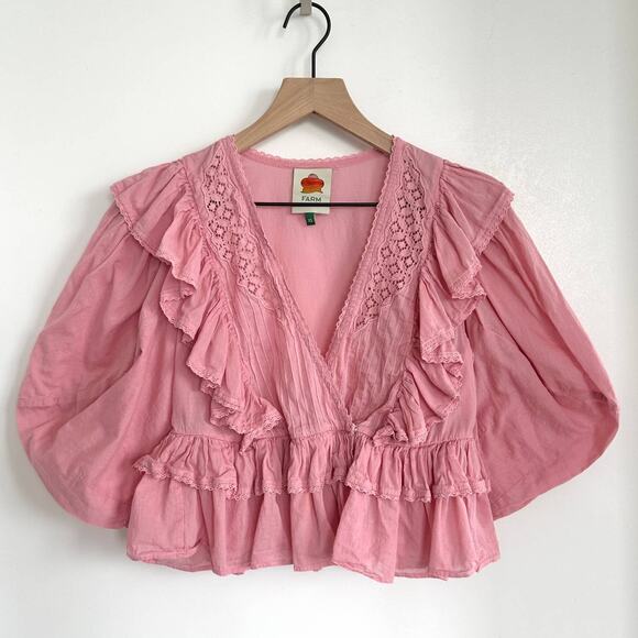 Farm Rio Blush Pink Puff Sleeve V-Neck Cropped Bohemian Blouse Size XS - Picture 6 of 16
